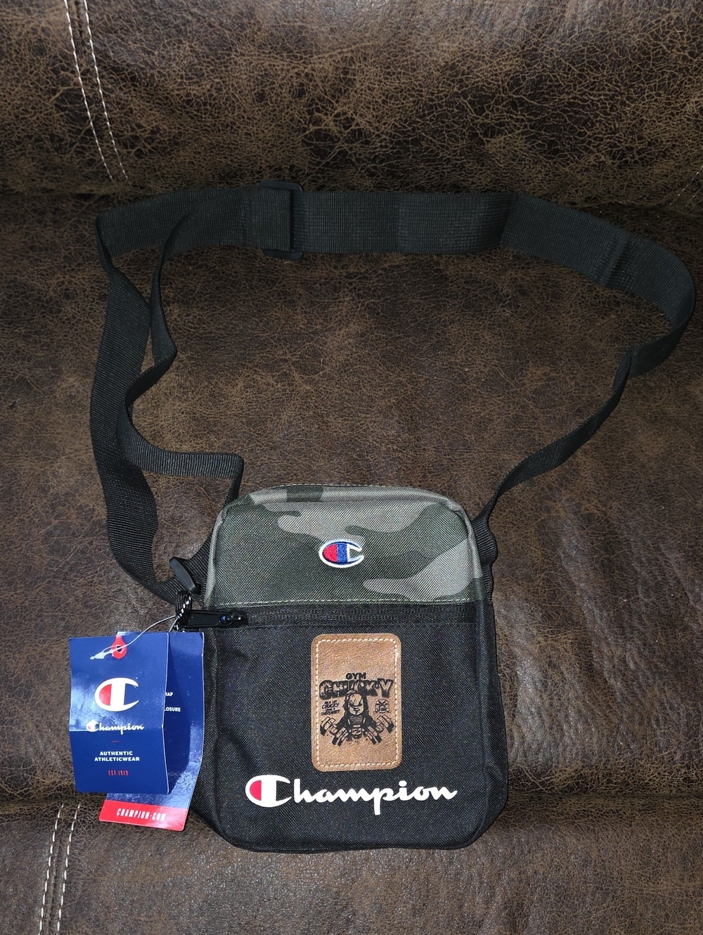 Champion Small Crossbody Bag Black/Gray Zip Closure Adjustable Strap Pockets